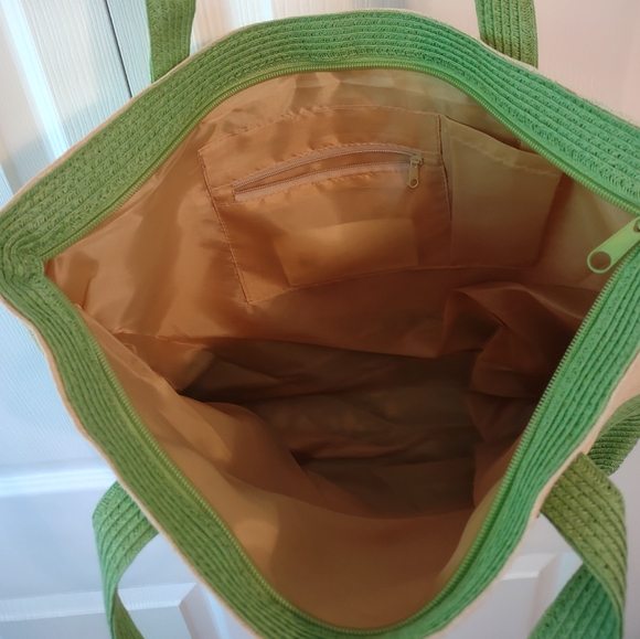 Tan & Light Green Woven Tote Shoulder Large Bag 17" x 13" X 4" Zip Closure - Picture 3 of 3